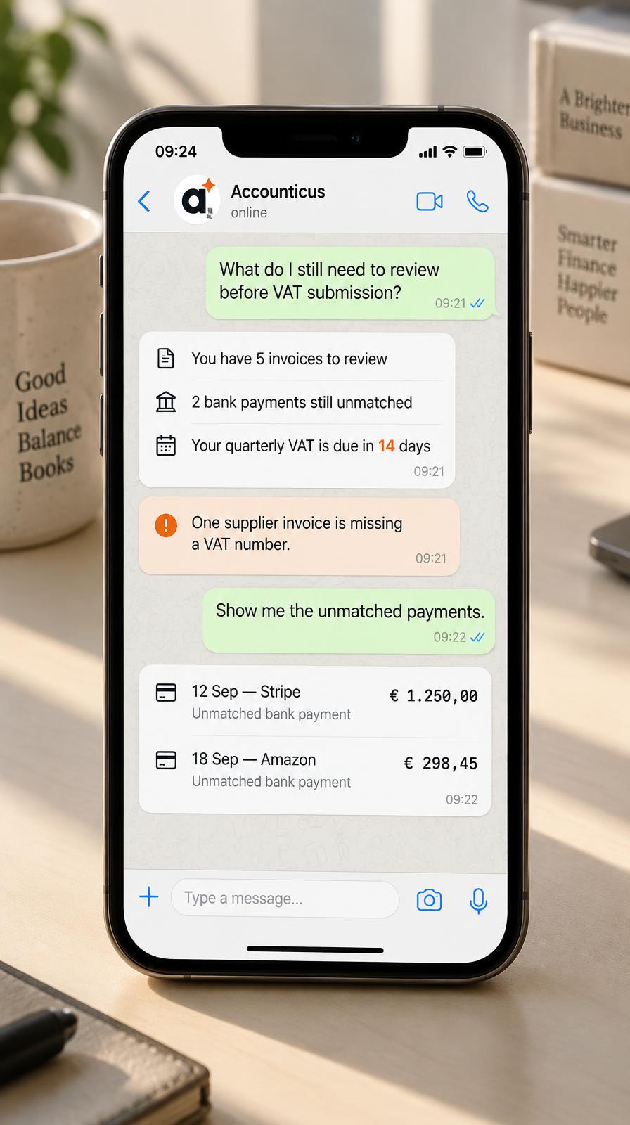 A WhatsApp chat with Accounticus: what is left to review before the VAT return, and the two unmatched payments listed back