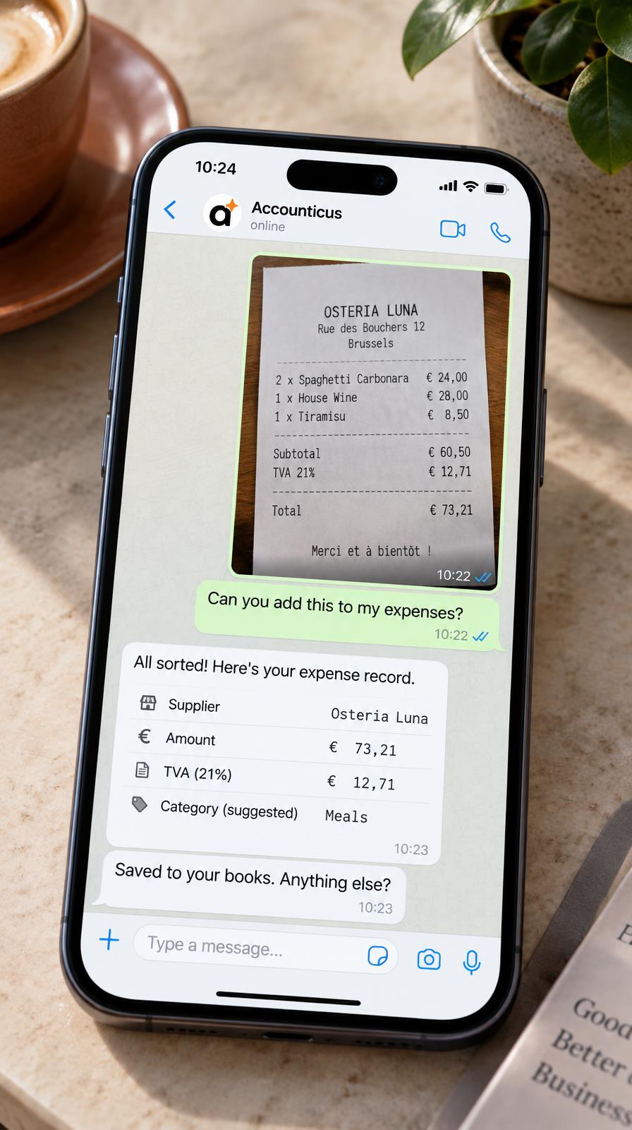 A WhatsApp chat with Accounticus: what is left to review before the VAT return, and the two unmatched payments listed back